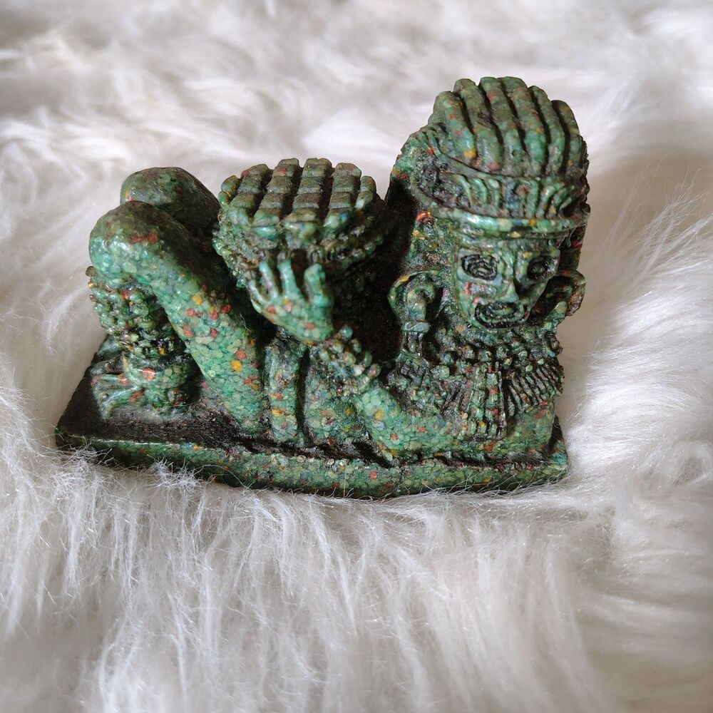 Chacmool Figurine Aztec Toltec Vintage Mexico Green Peacock Stone